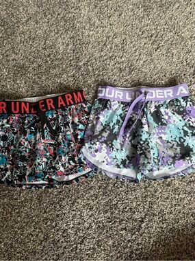 Under Armour Girls' Teal & Purple Camo Athletic Shorts (Pair) Size YXS and YSm